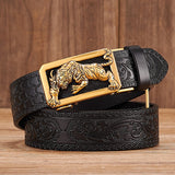 Xituodai Fashion Tiger Buckle with Tang Grass Pattern Leather Belt for Men Work of Art Belt Automatic Buckle Business Belt