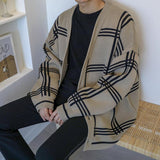 Xituodai Autumn and Winter Sweater Men Retro Cardigan Loose Casual Korean V-neck Plaid Line Cardigan Sweater Men's Knit Winter Coats