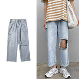 Xituodai Men's Big Ripped Straight Baggy Light Blue Jeans Spring Classics Korean Style Fashion Wide Leg Pants Denim Ankle-Length Pants