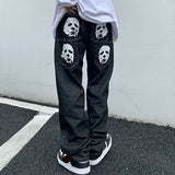 Y2K Korean Men Fashion Black Streetwear Casual Skull Straight Wide Leg Cargo Pants Baggy Denim Trousers Low Rise Jeans Clothes