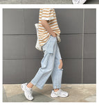 Xituodai Men's Big Ripped Straight Baggy Light Blue Jeans Spring Classics Korean Style Fashion Wide Leg Pants Denim Ankle-Length Pants