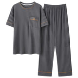 Xituodai Summer Knitted Cotton Mens Pyjamas Casual Short Tops Lattice Long Pants Sets V-neck Pajamas Fashion Men Sleepwear 5XL Homewear