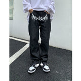 Y2K Korean Men Fashion Black Streetwear Casual Skull Straight Wide Leg Cargo Pants Baggy Denim Trousers Low Rise Jeans Clothes