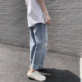 Xituodai Men's Spring and Summer Ripped Jeans Trendy Korean Style Straight Loose Wide Leg Ninth Pants Casual Versatile Long Pants