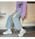 Xituodai Korean Fashion Light Blue Hole Baggy Denim Ankle-Length Pants Spring/Summer Streetwear Wide Leg Jeans Male