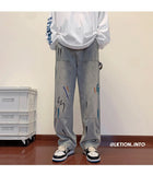 Xituodai Y2K Men Women Retro Printed Jeans Autumn New Straight Loose Pants Wide Leg Casual Pants Ins Fashion High Street Hip Hop Style