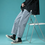 Xituodai 2022 Spring Summer New Men's Ripped Blue Jeans Korean Fashion Straight-leg Denim Wide-leg Trousers Baggy Ankle-Length Pants Male