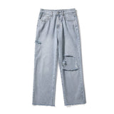 Xituodai Men's Big Ripped Straight Baggy Light Blue Jeans Spring Classics Korean Style Fashion Wide Leg Pants Denim Ankle-Length Pants