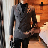 Xituodai Bandage Decorate Blazer Homme Fall Winter Mens Stylish Blazer British Fashion Double Breasted Solid Color Casual Suit Coat