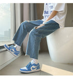 Xituodai Korean Fashion Light Blue Hole Baggy Denim Ankle-Length Pants Spring/Summer Streetwear Wide Leg Jeans Male