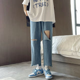 Xituodai Korean Fashion Light Blue Hole Baggy Denim Ankle-Length Pants Spring/Summer Streetwear Wide Leg Jeans Male