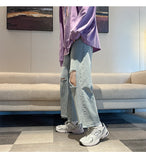 Xituodai Korean Fashion Light Blue Hole Baggy Denim Ankle-Length Pants Spring/Summer Streetwear Wide Leg Jeans Male