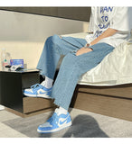 Xituodai Korean Fashion Light Blue Hole Baggy Denim Ankle-Length Pants Spring/Summer Streetwear Wide Leg Jeans Male