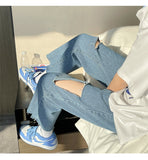 Xituodai Korean Fashion Light Blue Hole Baggy Denim Ankle-Length Pants Spring/Summer Streetwear Wide Leg Jeans Male