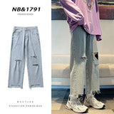 Xituodai Korean Fashion Light Blue Hole Baggy Denim Ankle-Length Pants Spring/Summer Streetwear Wide Leg Jeans Male