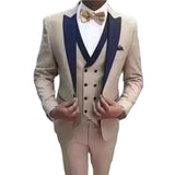Xituodai Beige Slim Fit Men Suits with Navy Blue Peaked Lapel Groom Tuxedos for Wedding Dinner Party 3 Pieces Fashion Jacket Vest Pants