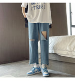 Xituodai Korean Fashion Light Blue Hole Baggy Denim Ankle-Length Pants Spring/Summer Streetwear Wide Leg Jeans Male