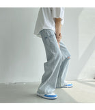 Xituodai Spring Light Blue Ripped Denim Wide-leg Pants Men Korean Style Fashion Straight Baggy Cropped Jeans Male Brand Clothing