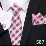 Xituodai Newest design Silk Festive Present Tie Handkerchief Cufflink Set Necktie Man's Plaid Yellow Shirt Accessories