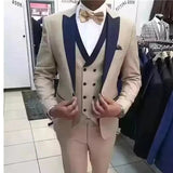 Xituodai Beige Slim Fit Men Suits with Navy Blue Peaked Lapel Groom Tuxedos for Wedding Dinner Party 3 Pieces Fashion Jacket Vest Pants