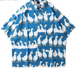 Oversized White Ducks Print Casual Shirts Men Summer Short Sleeve Shirt Cute Harajuku Women Hawaiian Beache Blouses Couple Tops