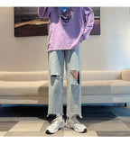 Xituodai Korean Fashion Light Blue Hole Baggy Denim Ankle-Length Pants Spring/Summer Streetwear Wide Leg Jeans Male