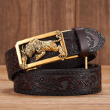 Xituodai Fashion Tiger Buckle with Tang Grass Pattern Leather Belt for Men Work of Art Belt Automatic Buckle Business Belt