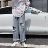 Xituodai Men's Spring and Summer Ripped Jeans Trendy Korean Style Straight Loose Wide Leg Ninth Pants Casual Versatile Long Pants