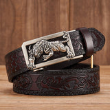 Xituodai Fashion Tiger Buckle with Tang Grass Pattern Leather Belt for Men Work of Art Belt Automatic Buckle Business Belt