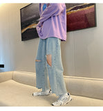 Xituodai Korean Fashion Light Blue Hole Baggy Denim Ankle-Length Pants Spring/Summer Streetwear Wide Leg Jeans Male