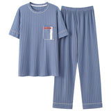 Xituodai Summer Knitted Cotton Mens Pyjamas Casual Short Tops Lattice Long Pants Sets V-neck Pajamas Fashion Men Sleepwear 5XL Homewear