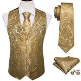 Xituodai 4PC Mens Extra Silk Vest Party Wedding Gold Paisley Solid Floral Waistcoat Vest Pocket Square Tie Suit Set Barry.Wang BM-2017