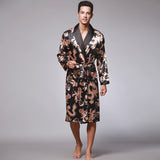 Xituodai Men Silk Summer and Autumn Satin Kimono Bathrobe Golden Dragon Knee Length Long Sleeve Black Bath Robe Dressing Gown Sleepwear