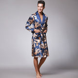 Xituodai Men Silk Summer and Autumn Satin Kimono Bathrobe Golden Dragon Knee Length Long Sleeve Black Bath Robe Dressing Gown Sleepwear