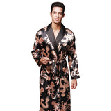 Xituodai Men Silk Summer and Autumn Satin Kimono Bathrobe Golden Dragon Knee Length Long Sleeve Black Bath Robe Dressing Gown Sleepwear