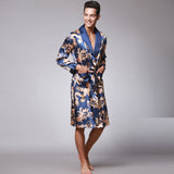 Xituodai Men Silk Summer and Autumn Satin Kimono Bathrobe Golden Dragon Knee Length Long Sleeve Black Bath Robe Dressing Gown Sleepwear