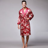 Xituodai Men Silk Summer and Autumn Satin Kimono Bathrobe Golden Dragon Knee Length Long Sleeve Black Bath Robe Dressing Gown Sleepwear