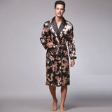 Xituodai Men Silk Summer and Autumn Satin Kimono Bathrobe Golden Dragon Knee Length Long Sleeve Black Bath Robe Dressing Gown Sleepwear