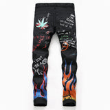 Xituodai Men&#39;s fashion letters flame black printed jeans Slim straight colored painted stretch pants