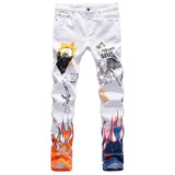 Xituodai Men&#39;s fashion letters flame black printed jeans Slim straight colored painted stretch pants