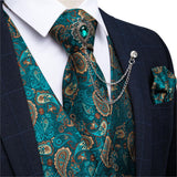 Xituodai New Teal Green Paisley 100% Silk Formal Dress Vest Men Waistcoat Vest Wedding Party Vest Tie Brooch Pocket Square Set DiBanGu