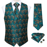 Xituodai New Teal Green Paisley 100% Silk Formal Dress Vest Men Waistcoat Vest Wedding Party Vest Tie Brooch Pocket Square Set DiBanGu