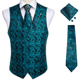 Xituodai New Teal Green Paisley 100% Silk Formal Dress Vest Men Waistcoat Vest Wedding Party Vest Tie Brooch Pocket Square Set DiBanGu