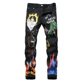 Xituodai Men&#39;s fashion letters flame black printed jeans Slim straight colored painted stretch pants