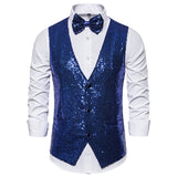 Xituodai Shiny Gold Sequin Sparkling Waistcoat Men Slim Fit V Neck 2 Pieces Mens Vest with Bowtie Wedding Party Stage Prom Costume Gilet