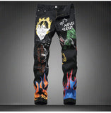 Xituodai Men&#39;s fashion letters flame black printed jeans Slim straight colored painted stretch pants