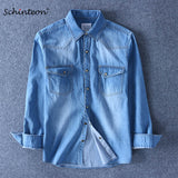 Xituodai Spring Autumn Men Denim Thin Shirt Long Sleeve Soft 100% Cotton Two Pockets Slim Slight Elastic Jeans Cowboy 4XL