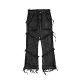 Xituodai Distressed Raw Edges Wide Leg Jeans Vintage Streetwear Black Flare Pant Jean Hip Hop Tassel Fake Wash Destroyed Flared Jeans Men