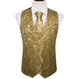 Xituodai 4PC Mens Extra Silk Vest Party Wedding Gold Paisley Solid Floral Waistcoat Vest Pocket Square Tie Suit Set Barry.Wang BM-2017