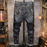 Xituodai Men&#39;s Jeans Jean Homme Pantalones Hombre Ink Graffiti 2021 Spring New Fashion Black Gray Hole Denim Pants Regular Fit Mens Pants